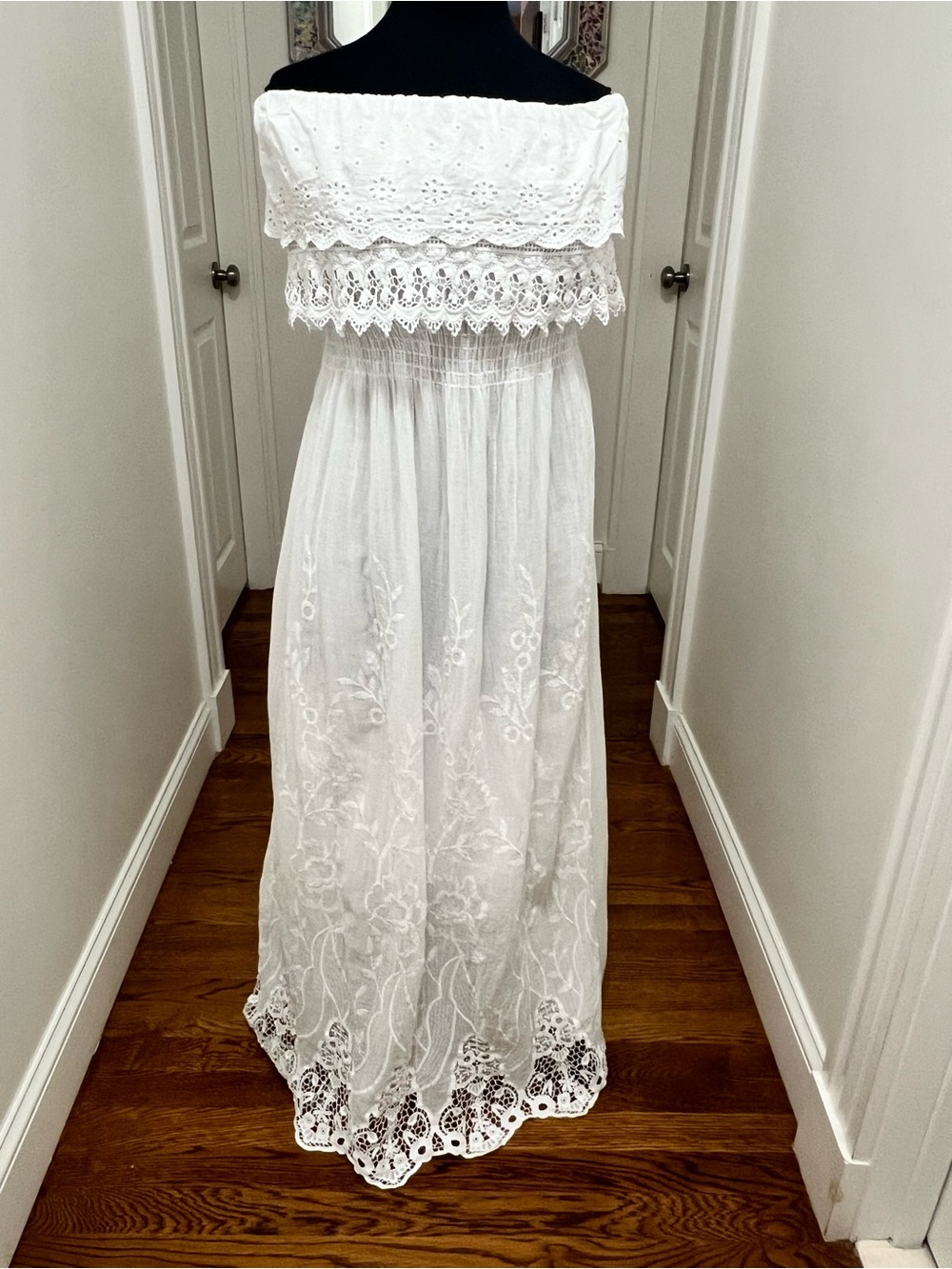 Le MARAIS Paris White Strapless Embroidered Lace Maxi Dress